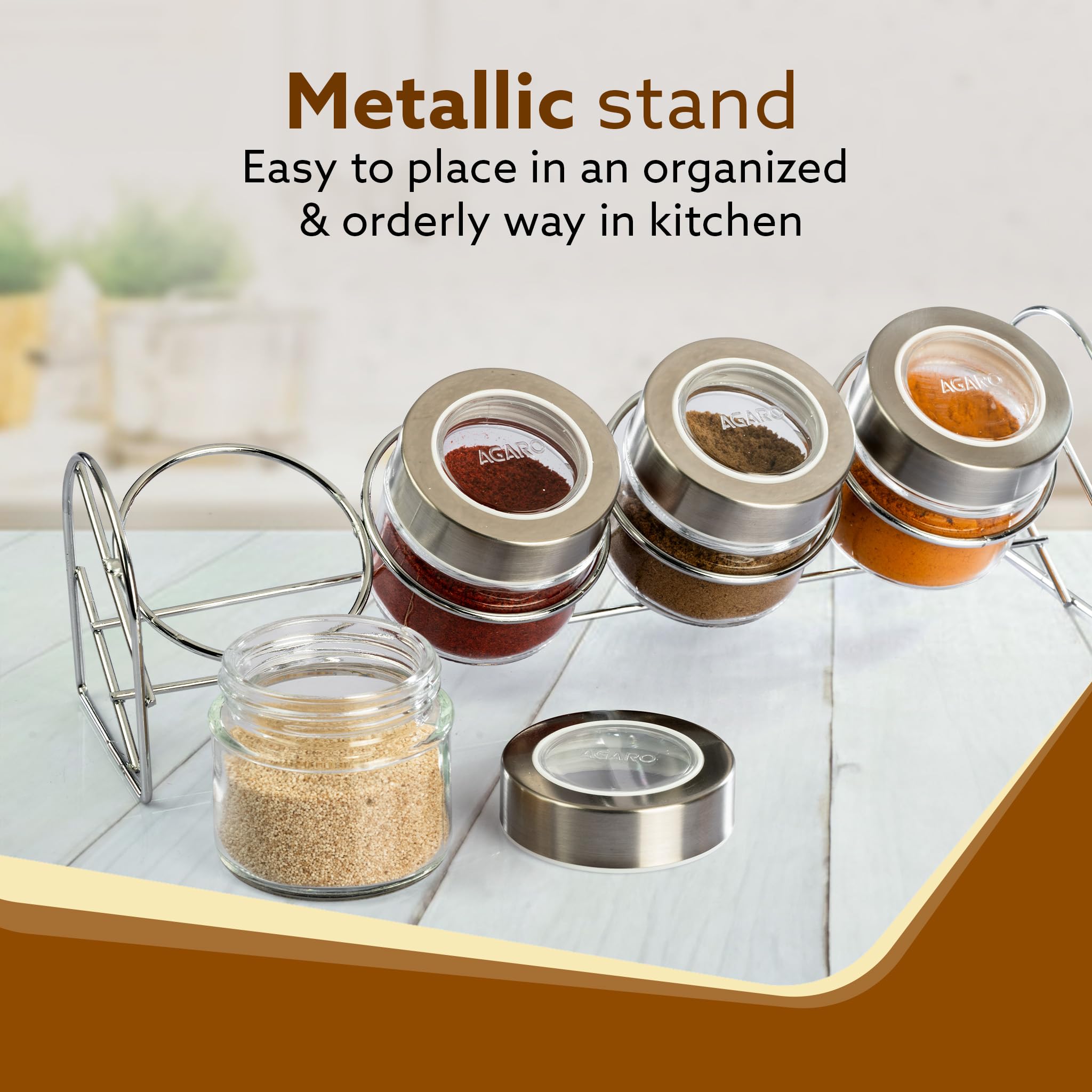 AGARO Elegant Glass Spice Jar with Metal Stand, Pack of 4, 100Ml Each, Spice storage box, kitchen organizer, spice containers, m